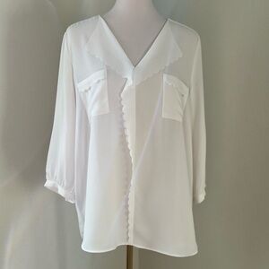 Elle White (Marshmallow) Sheer Blouse – Scalloped Collar, Pockets | Size XL